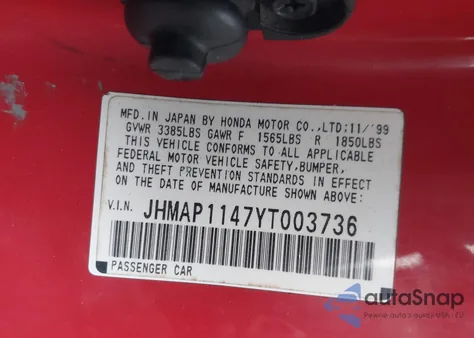 2000 Honda S2000 z USA, uszkodzony, nr VIN JHMAP1147YT003736